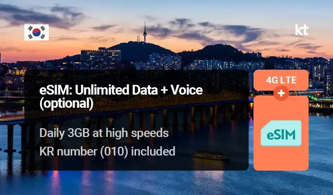 [Android/iPhone] Korea eSIM: Unlimited Data (+ Optional 60-min Voice & SMS Credit) (2~90 days) by KT - Pick up from Incheon Airport & Gimpo Airport & Gimhae Airport & Busan Port - main view