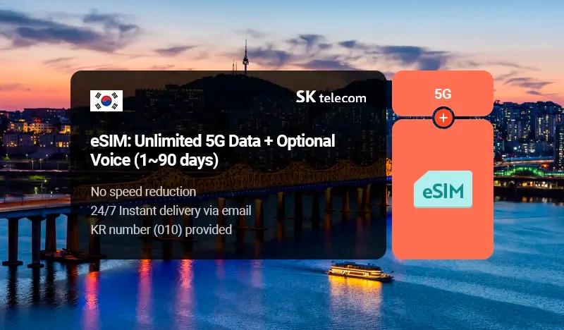 [Android/iPhone] Korea eSIM: Unlimited 5G Data + Optional Voice eSIM (1~90 days) by SKT